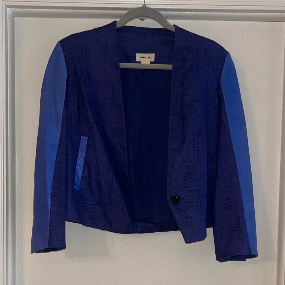 Helmut Lang Deep Blue Textured and Leather Crop Jacket